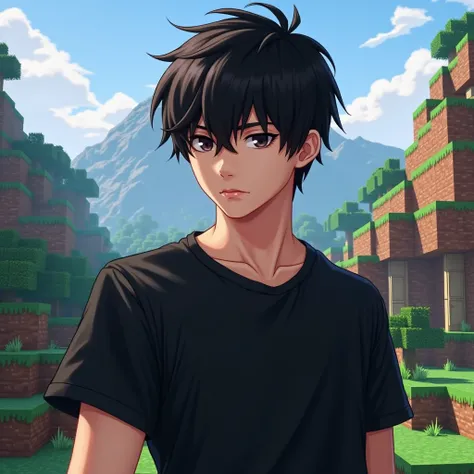 Bikinka fanart character black haired guy wearing black t-shirt, background render minecraft,  size 1280×1280 