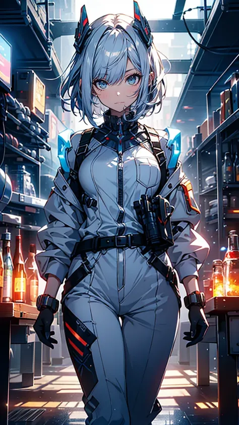 “A brilliant young woman in her early twenties with short, bright-colored hair and a mischievous grin. She wears a white and silver futuristic jumpsuit, with scientific instruments and gadgets strapped to her belt. Her hands are glowing with energy as she ...