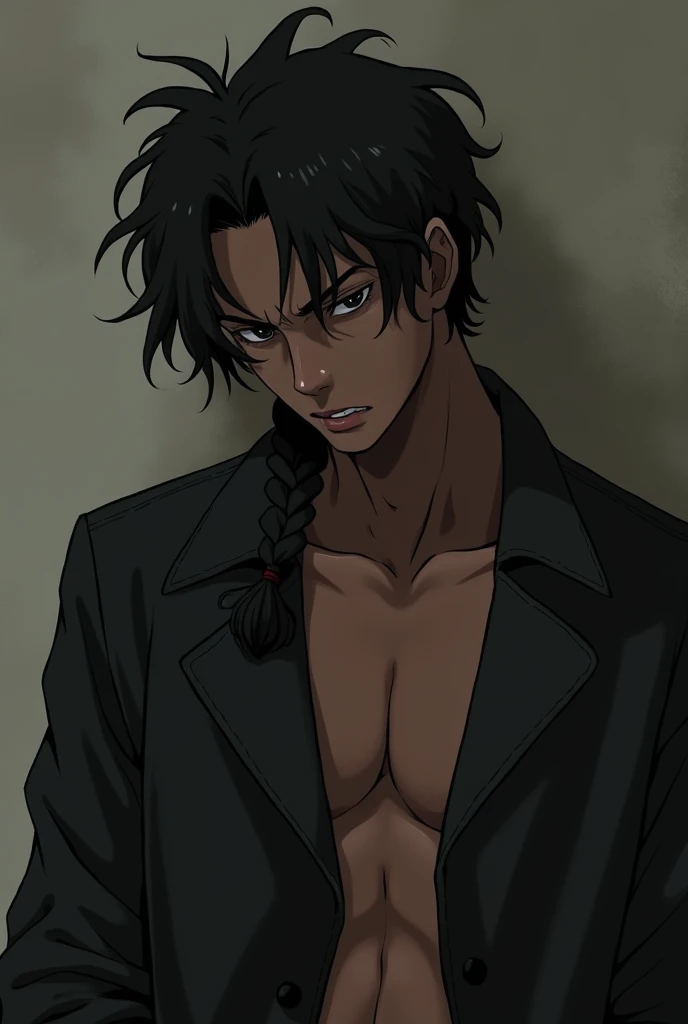 , a black man with a braid on the right , Black eyes, Dark circles around the eyes, With an old black coat, ,  light skin . , the hallmark of the anime, is hot jerking himself off his shirt.