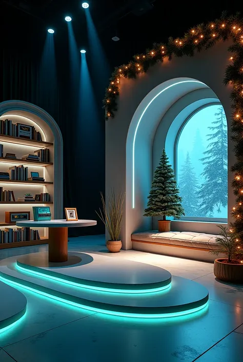  A theater stage with two clearly differentiated scenes separated by an empty space in the center . On the left side,  a futuristic bookcase with curved shelves and multiple levels full of books ,  a minimalist but modern design . In front of the curved sh...