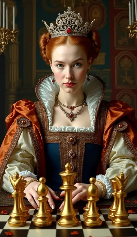 A depiction of Elizabeth I as a chess player, strategically moving pieces marked with symbols of peace and religious unity.
