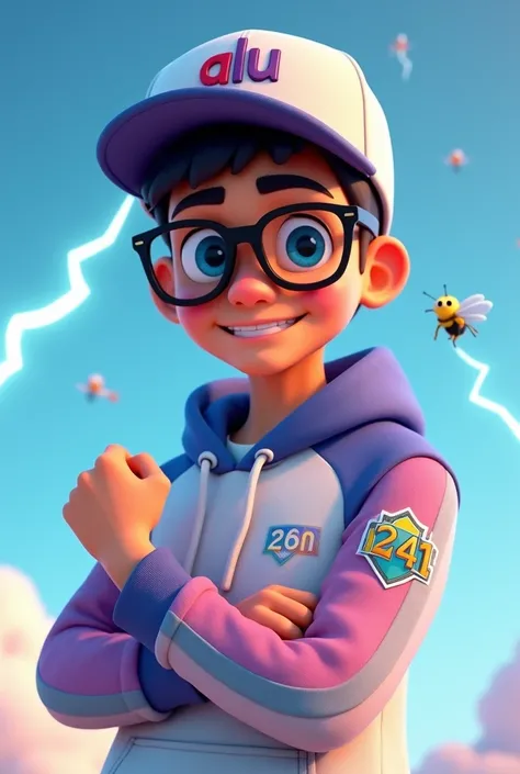 "A teenage boy in a 3D animation style with a smile yet gentle expression, wearing a white and purple hoodie with teal red accents and a matching baseball cap that says Alu. 3D On the sleeve of the hoodie, there is an emblem with 241, giving a personal and...