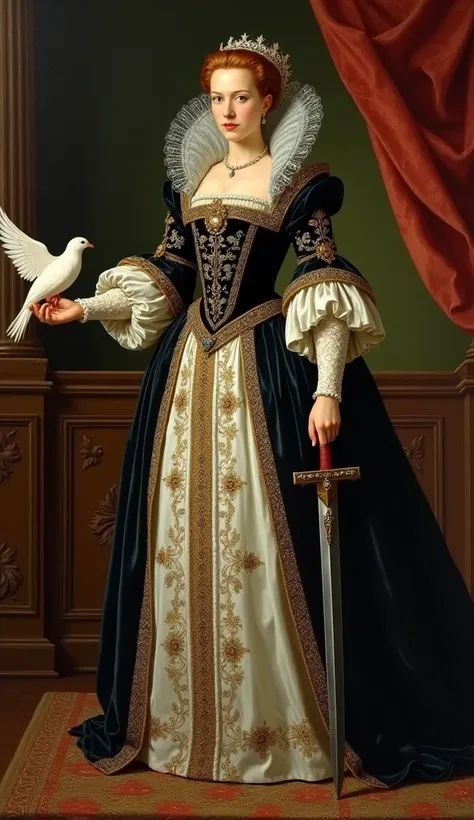 Elizabeth with a dove and olive branch in one hand, and a sword sheathed in the other, symbolizing her balanced approach to diplomacy and defense.
