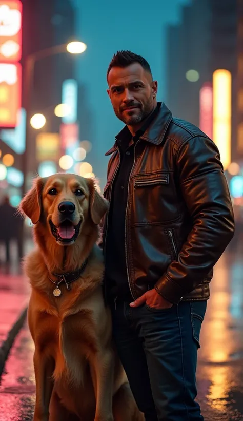 A muscular man with a golden retriever beside him, standing under the glowing lights of a bustling city intersection, wearing a leather jacket, intense expression, golden retriever gazing up at him loyally, night-time neon reflections, hyperrealistic fur a...