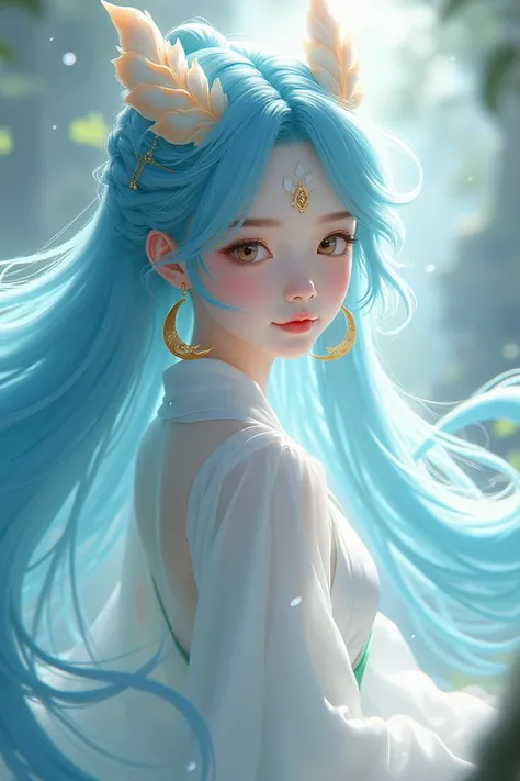  a young girl with long sky blue hair    ，        wears a pair of beautiful orange-gold crescent earrings        ， Wear white Hanfu   ，A pair of jade feet naked    ，  Light blue toenails look amazing
It has a pair of white jade dragon horns on its forehead...