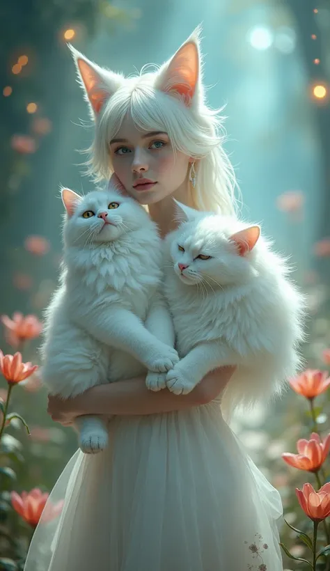 Movie poster, (best quality,4k,8k,highres,masterpiece:1.2), ultra-detailed, hi res,(realistic,photorealistic,photo-realistic:1.37), digital media artwork, Portrait, Russian woman, pale white skinned, walking with her very big fluffy white cat, glowing, she...