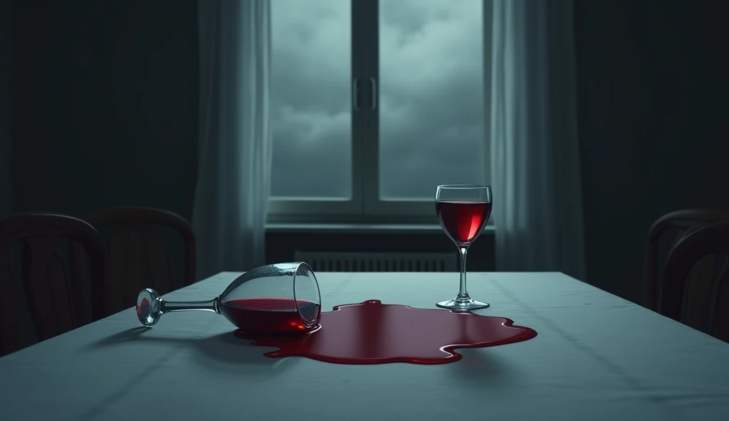  Background : A dinner table ,  on it is a cup of red wine spilled on a piece of tablecloth,  the faint light reflected on the glass surface .  In the distance is the window with a dark sky ,  gloomy light .
describe:  The glass of wine should not be touch...