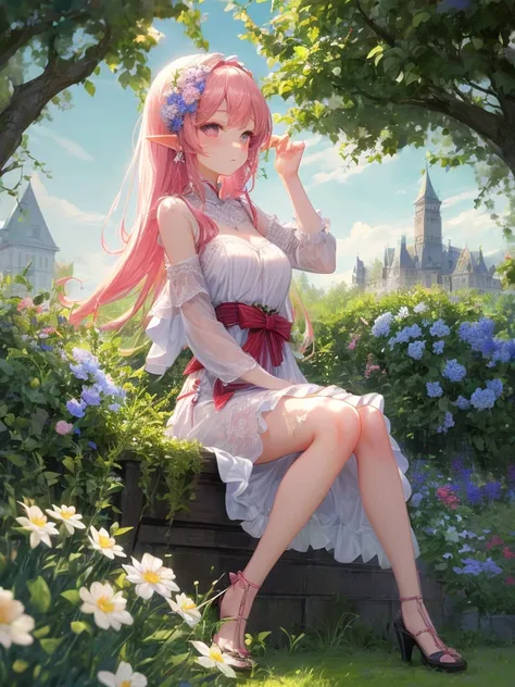 art by Cornflower,(  Masterpiece  ),( top quality:1.2),(  perfect anatomy sitting on a penis ),( 1 girl),Baby kitsune，Elf, beautifully detailed pink eyes , Beautiful Pink Hair ,(  pink dress ),( very detailed and elegant in the gardens of the Royal Castle)...