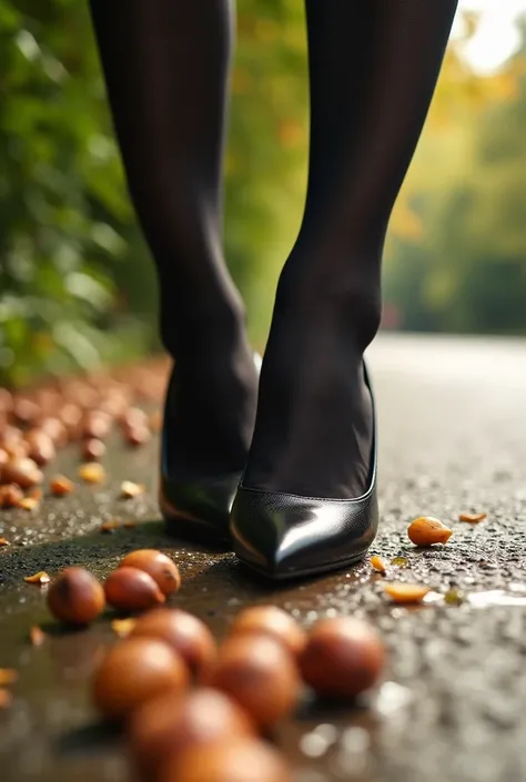 Brightly lit sidewalk in a park, close-up of feet in shoes, womans feet in black pantyhose and black Jimmy Choo pointed-toe high-heeled pumps step on small ripe nuts that have fallen to the ground, splashing juice stains the road, high angle