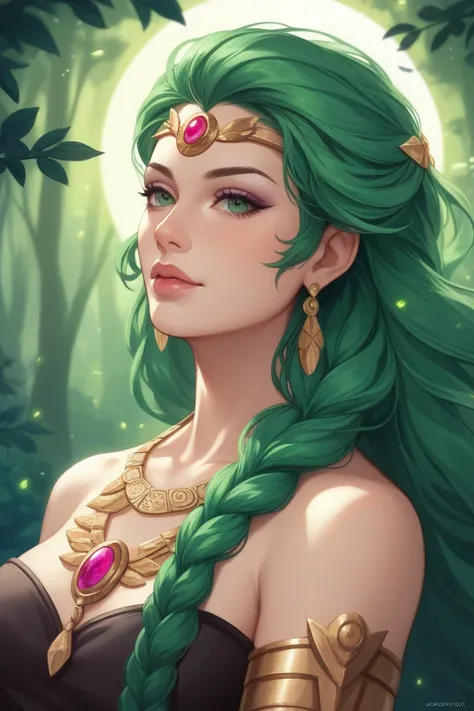 An anime-style full-body portrait of Artemis, the Greek goddess of the hunt, depicted from head to toe. She has flowing green hair styled elegantly, complementing her divine and ethereal presence. Her figure is athletic yet feminine, with a D-cup bust size...