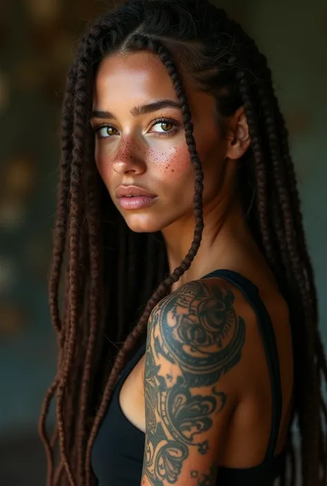 Long brown dreads beautiful Hazel eyes sexy girl bperfext butt and waist tattooed everywhere but face sharp facial features freckles perfect body