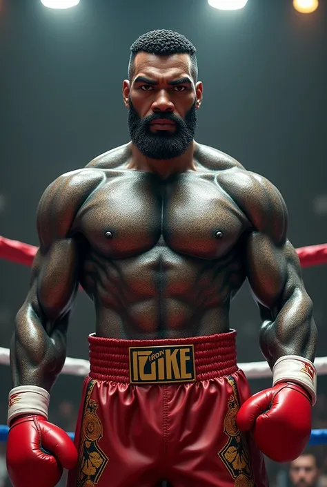 Boxer mike tyson,Metalic Robotic body,having a logo of (Iron Mike) on chest,high resolution,good quality image,having french beard,aggressively looking on opponent,wearing red boxing gloves,audience in background,standing in boxing ring.