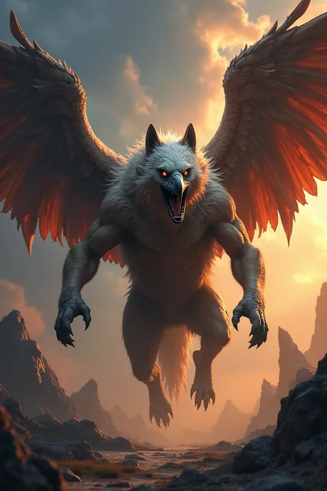 Hybrid Eagle-Dog Monster: "Design a terrifying hybrid creature that combines the features of an eagle and a dog into one monstrous form. The creature has the muscular, agile body of a dog, but its head is a blend of both animals, with the sharp beak and pi...