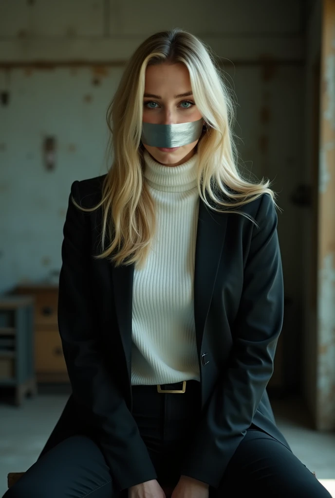 Amber heard wearing black pants and white t-shirt from wool to her neck with black business jacket in old garage Located in isolated island sitting on the chair hands hidden in her back mouth taped by silver duct tape long blonde hair slim body