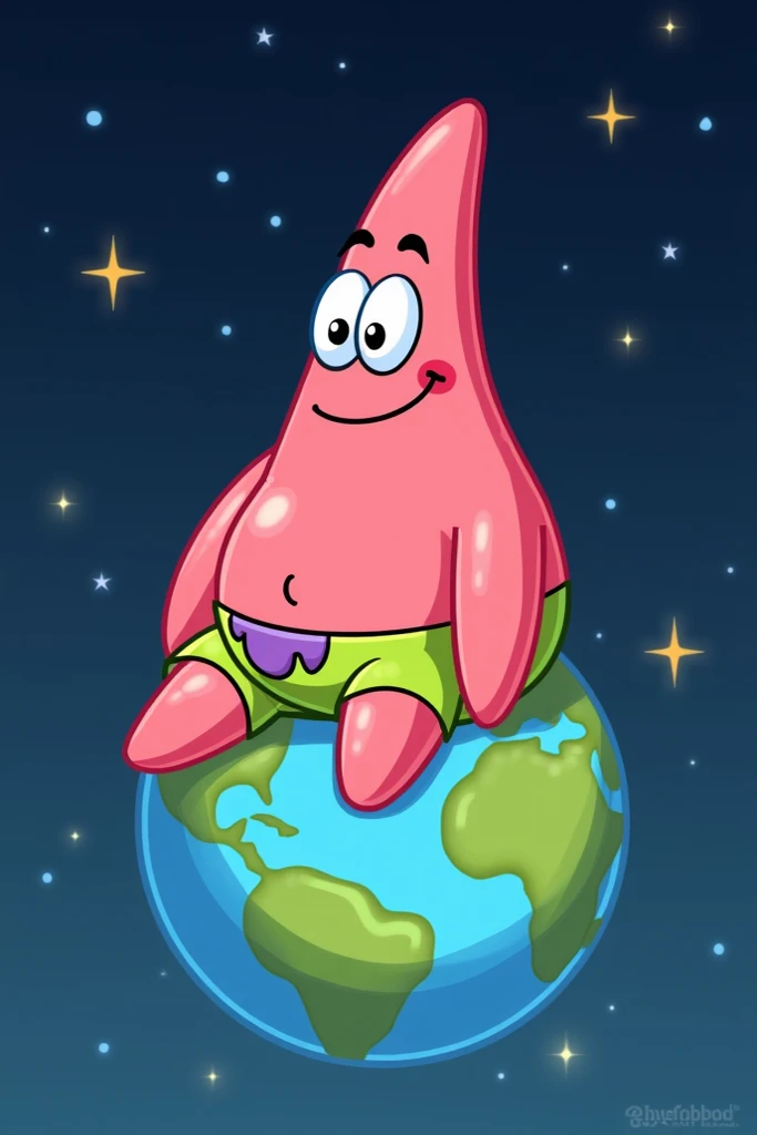 Simple easy drawing or painting of Patrick star sitting on top of the planet, cartoon style