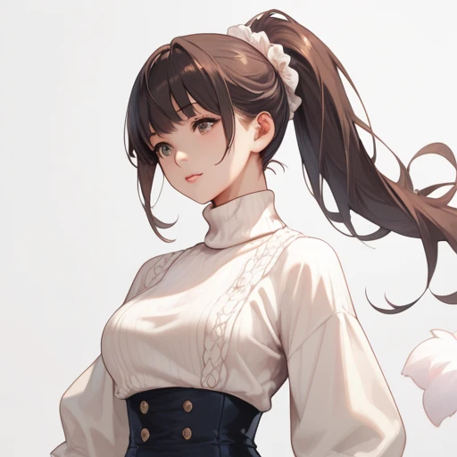  a 22-year-old girl ,  long hair ,  Ponytail, dark brown hair , breasts,  vulptoso body , Wear white turtleneck ,  loose white pans , Love, Chiaroscuro,  High resolution,  masterpiece, Detail,  clutches behind the waist, gray background. 