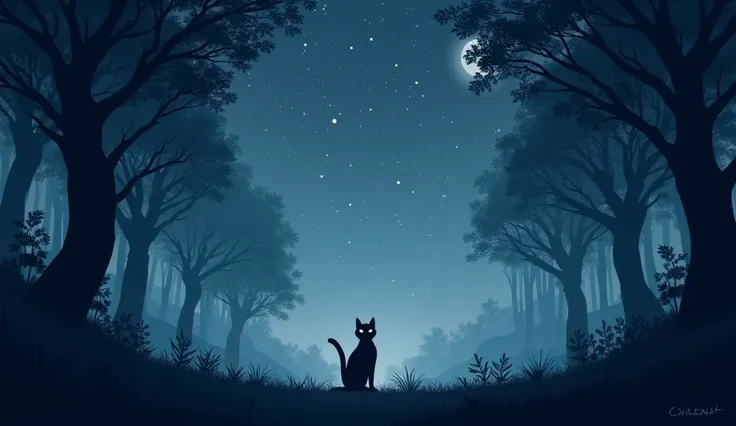 A night sky filled with shimmering stars.The silhouette of a forbidden forest with light mist drifting through and cat