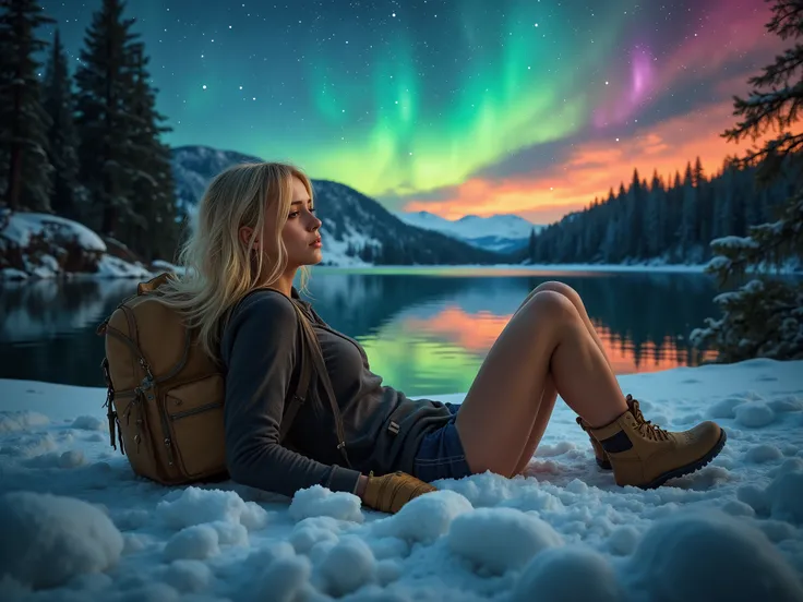 A photorealistic image captured in the cinematic style of a professional landscape photographer, using a full-frame DSLR camera with a 50mm f/1.4 lens. The composition showcases a solitary female traveler lying down in the snow, her blonde hair spread out ...