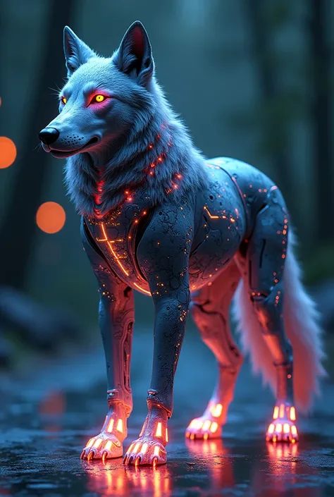 A futuristic, technologically-advanced cybernetic wolf stands proudly, its sleek metallic body adorned with intricate designs and neon lights. Its eyes are replaced with advanced augmented reality display screens, projecting a dynamic digital interface. Th...