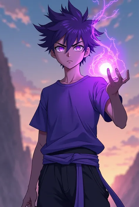 A very tall teenage boy with short spiky violet hair, piercing violet eyes with flowing lightly glowing violet pupils, thin fit male build, dressed in a violet t-shirt, black loose pants with a violet bandage-belt, with a serious look and a calm face, a fi...