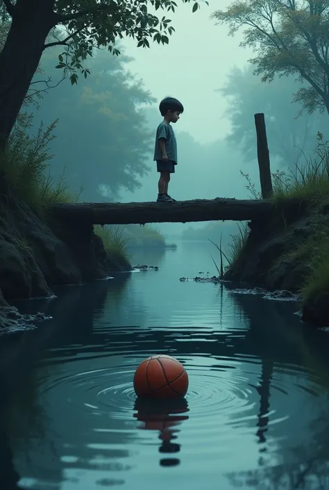 A boy seeing his ball drowning in water and the boy  standing in the bridge  in grief  seeing his ball