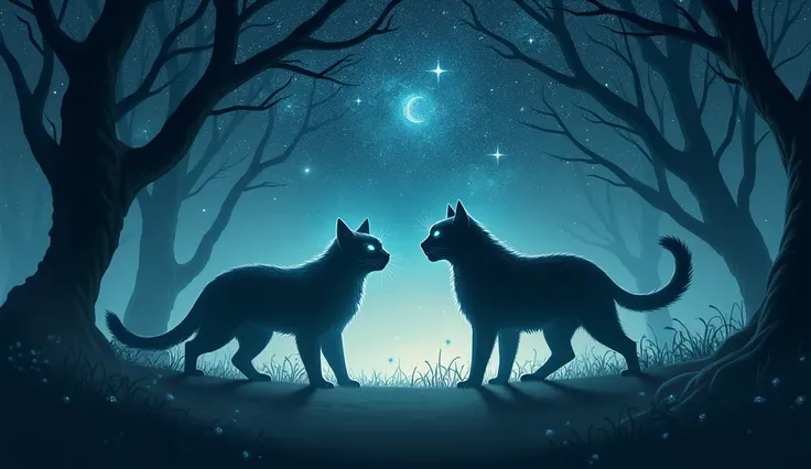 A night sky filled with shimmering stars.The silhouette of a forbidden forest with light mist drifting through and two cat fight