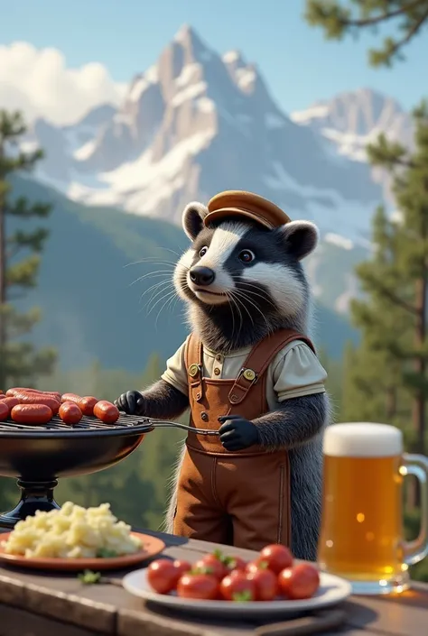  A badger in a lederhosen and an apron , with a cap on his head , grilled sausages .  There is sauerkraut and a mug of beer nearby.  Alpine mountains in the background .