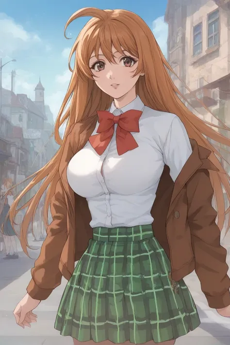 best quality,masterpiece,looking at viewer,absurdres,1girl,score_9,score_8_up,score_7_up,source_anime BREAK natsume aya,orange hair,long hair,brown eyes,ahoge,breasts,white ,skirt,bow,plaid,large breasts,jacket, plaid, green plaid skirt, summer