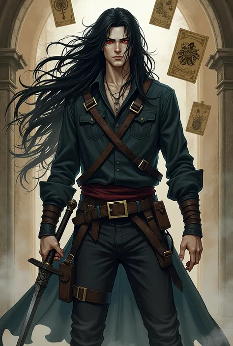 Long black hair, red eyes, tarot card background, young man, manga style, white skin, mercenary outfit, flat face, holding sword
