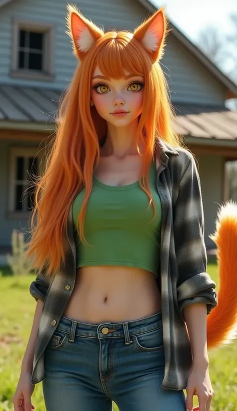 Attractive catgirl, 32 years old, long orange hair with a white stripe, bright yellow eyes, fluffy orange tail with a white tip, dressed in a green cropped t-shirt underneath an unbuttoned grey flannel shirt, bare midriff, blue jeans, she is standing in fr...