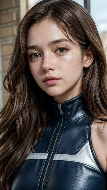 a girl, wavy brown hair ,  brown eyes and some freckles on the face ,  wearing the X-Men uniform in comic book style 