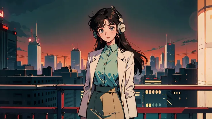 Best Quality, 8k, 1990s Style, 2010s Hairstyle , Very beautiful 21 year old girl standing on a rooftop at night, Tokyo neon cityscape, Black Hair ,Droopy eyes, Long Hair, Big Breasts, ((Wear big headphones)),  characters  I cant control my light brown eyes...