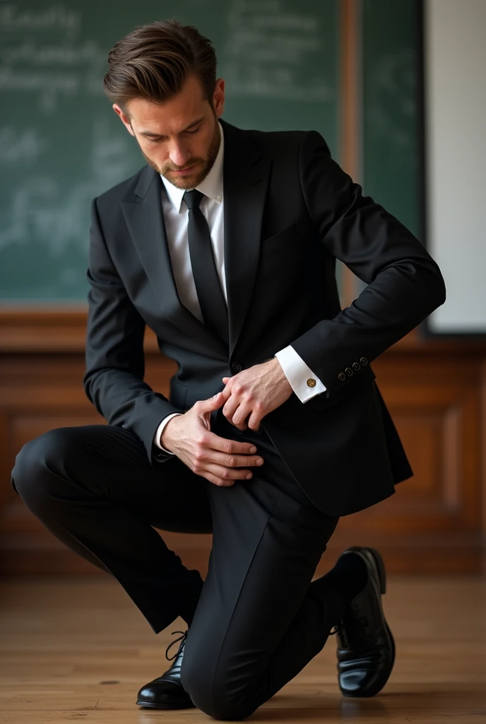 In the classroom，Young, sexy and charming German。 mans crotch testicles hurt a lot，Kneeling on the ground，Two hands hold the testicles at the crotch，grab the crotch testicles with both hands。Black leather shoes，Black socks，Black suit， black tie。