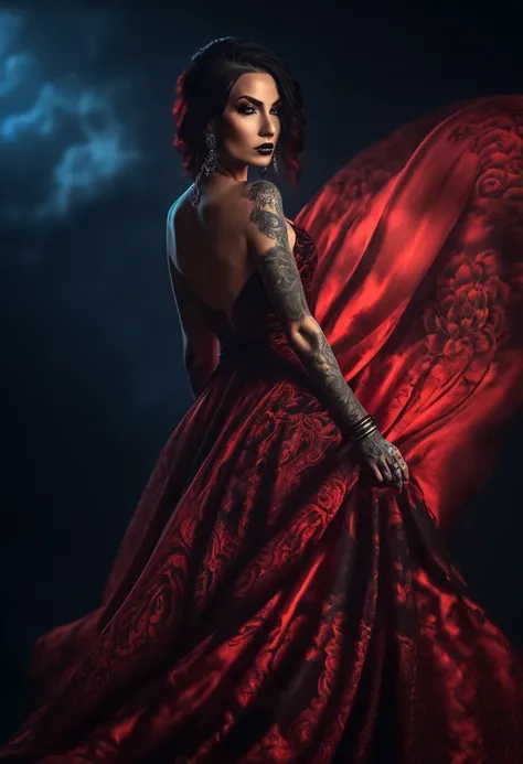 a beautiful woman in a fiery dress, dark black and red style, tattoos, uhd image, body extensions, dark crimson and sky blue, highly detailed, photorealistic, cinematic lighting, dramatic pose, flowing fabric, chiaroscuro, gothic, dark fantasy, dramatic at...