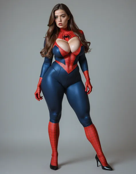 She looks sexy in her Spiderman LEOTARDS costume., SHE had a dominant expression on his face..、Realistic long hair brown hair model, 2, Includes black satin gloves. She wears a large black satin ribbon around her neck, saggy breasts, widest breast, thick b...