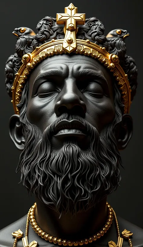 imagine a high quality, realistic, black and gold dadaism style 3D render merging an African man, an eagle, a pinniped, a brass crown, a giant lion figure. gold and black