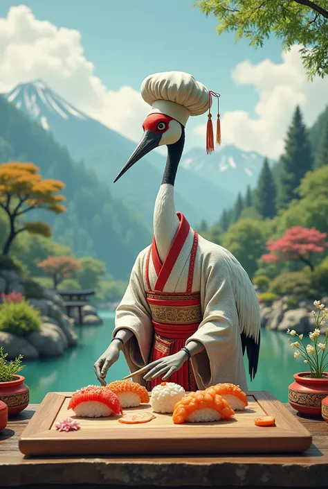  A graceful crane in a kimono and chefs hat makes sushi and arranges it on a wooden board. In the background is a Japanese garden and mountains .