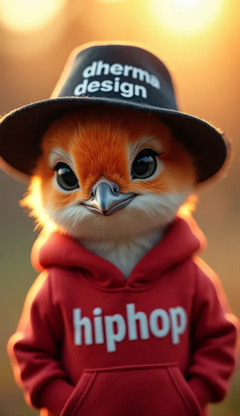  A mesmerizing close-up portrait of a beautiful little bird illuminated by the soft golden light of a quiet morning , with vibrant bokeh balls gently framing its delicate shape.  has a pompous cherry color sweatshirt that says  "hip-hop"  a black hat that ...