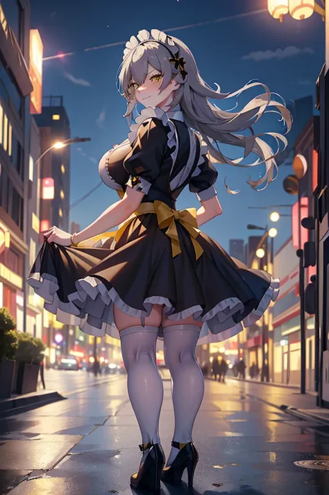 a cute shy femboy ,trap ,stelle hsr ,gray hair,long hair,yellow eyes, large breasts,wearing a japan maid dress and black pantyhose ,wearing a maid shoes,red face ,embrassed ,smile,underbutt, annoyed, ass view, ass focus, standing in a city downtown at nigh...