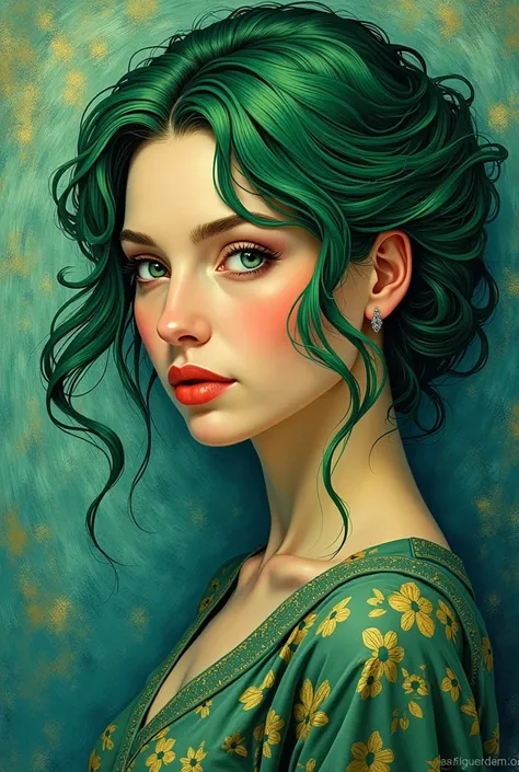 a painting of a beautiful woman with green hair style van Gogh 