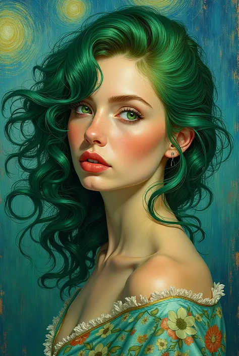 a painting of a beautiful woman with green hair style van Gogh 