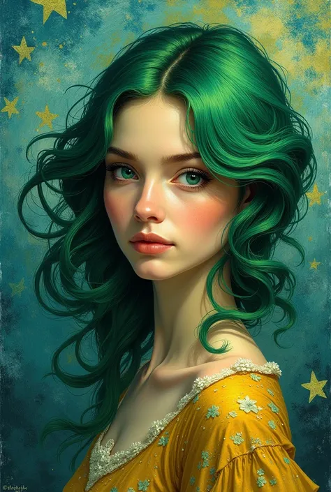 a painting of a beautiful woman with green hair style van Gogh 