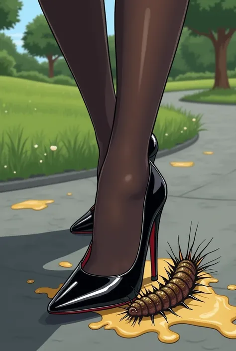 Cartoon style illustration, asphalt walkway in park, close-up of feet in shoes, womans feet in black pantyhose and black pointed-toe high-heeled pumps by Jimmy Choo, stepping on a caterpillar outbreak, splashing juice stains the road, high angle