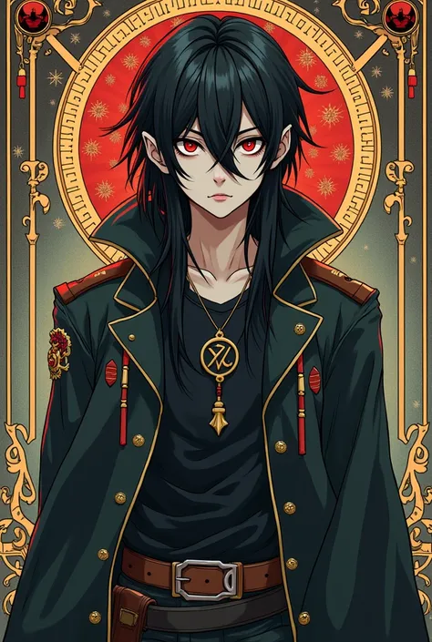 Long black hair, red eyes, tarot background, young man, manga style, white skin, mercenary outfit, flat face, half body view
