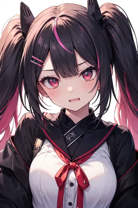  Long Twin Tails ,  split bangs, Bangs,  has sharp fangs,  gradation colored eyes,  naughty face,  1 girl ,  high definition ,  hair clip,  top quality,  anatomically correct,  red eyes,  head out of frame , 