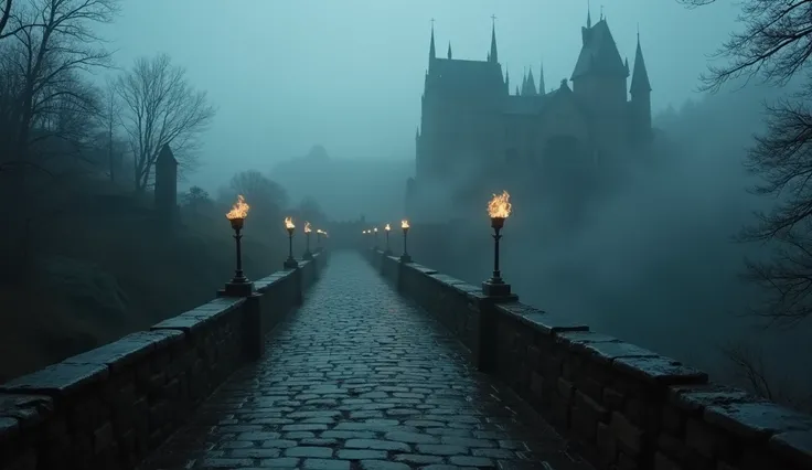 "A winding stone bridge shrouded in mist, leading towards the darkened gothic castle. The atmosphere is eerie with dim, flickering torches lining the bridge. Shadows move subtly in the fog, adding a sense of danger. The scene feels cinematic and epic, with...