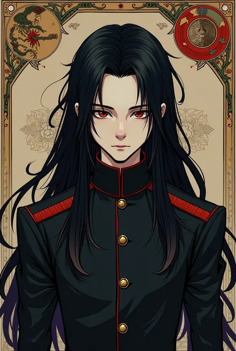 Long black hair, red eyes, tarot background, young man, manga style, white skin, guard outfit, flat face, half body view
