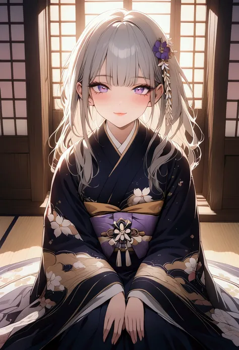 A beautiful detailed anime girl, detailed Japanese style house interior, girl sitting, smiling directly at viewer, detailed face, beautiful detailed eyes, beautiful detailed lips, extremely detailed facial features, long eyelashes, intricate detailed kimon...