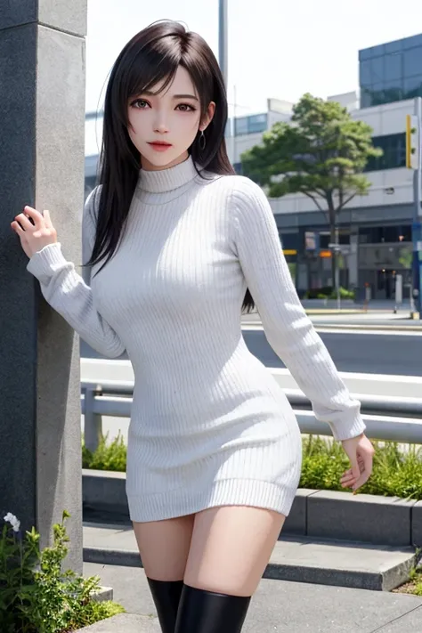 (top quality, masutepiece: 1.1), (Realistic: 1.3), (photoRealistic: 1.3), BREAK (((FF7,Tifa_lockhart))),(wearing oversized loose sweater, Exquisite cloth ,turtleneck,knit dress:1.3,long sleeve:1.2,white),(short pants),(tight very long boots:1.2),(backgroun...