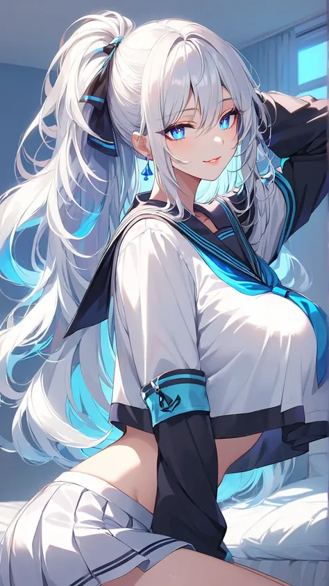 Highest quality　masterpiece　High resolution　masterpiece, white  messy hair, thick and beautiful hair, middle parted hair 　blue glowing Eyes, seductive lips, teasing smile, black long sleeves sailor uniform , crop top overhang, very big breast, make up, ver...